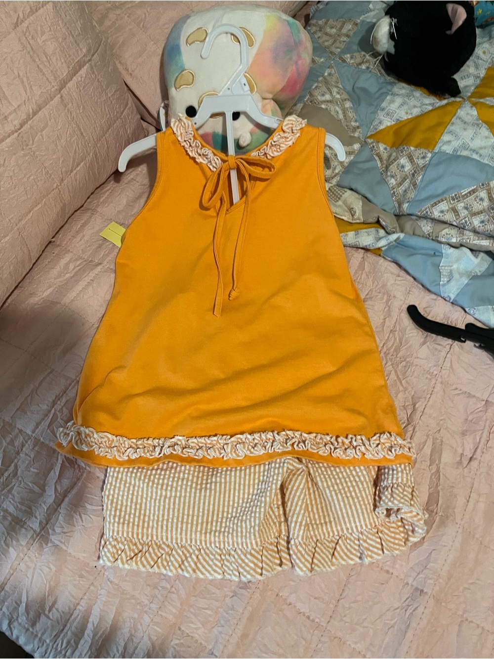 Girls' Yellow Ruffle Tank & Striped Shorts Matching Set